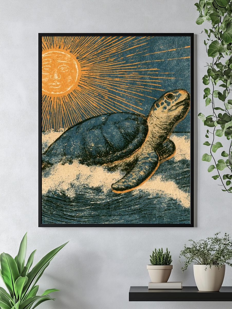 Sea Turtle Sunburst Vintage Print. — room view 4