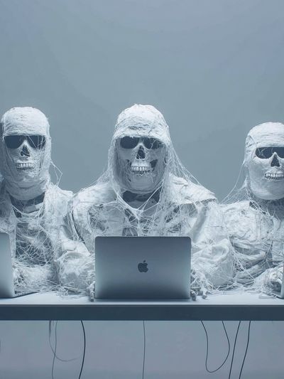 Skeletal Tech Workers — Surrealism Print. poster