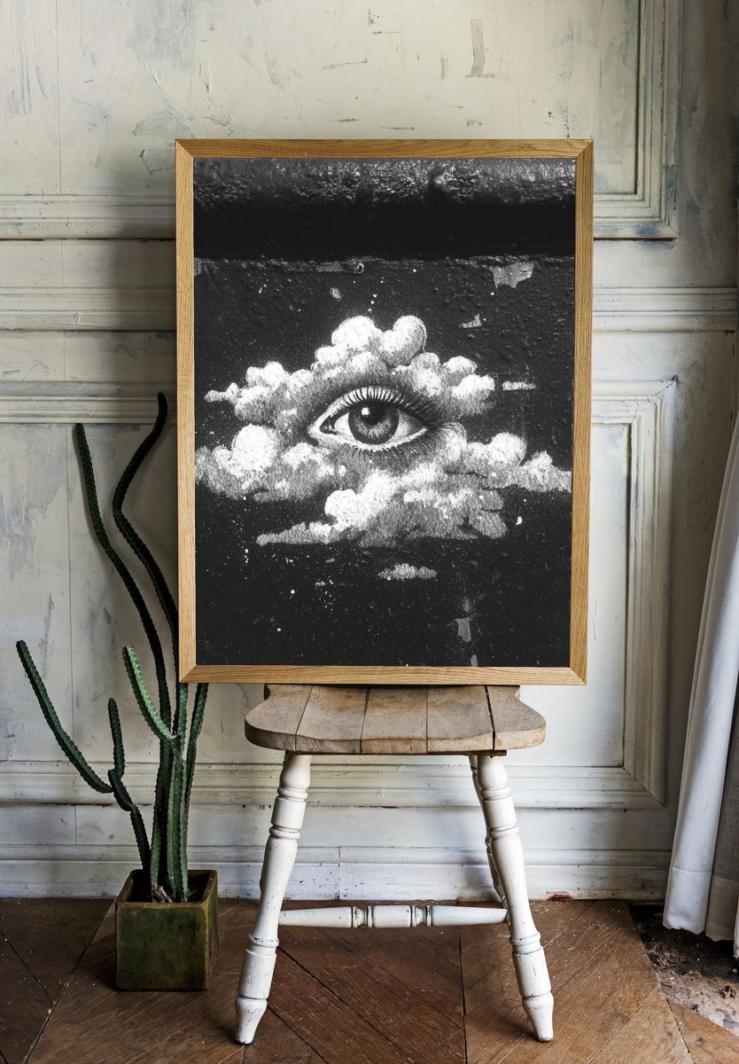 Surreal Eye in Clouds Print. room preview