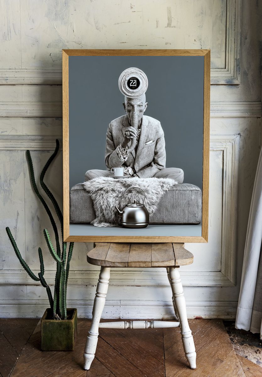 Surreal Elephant Tea Portrait Print. room preview