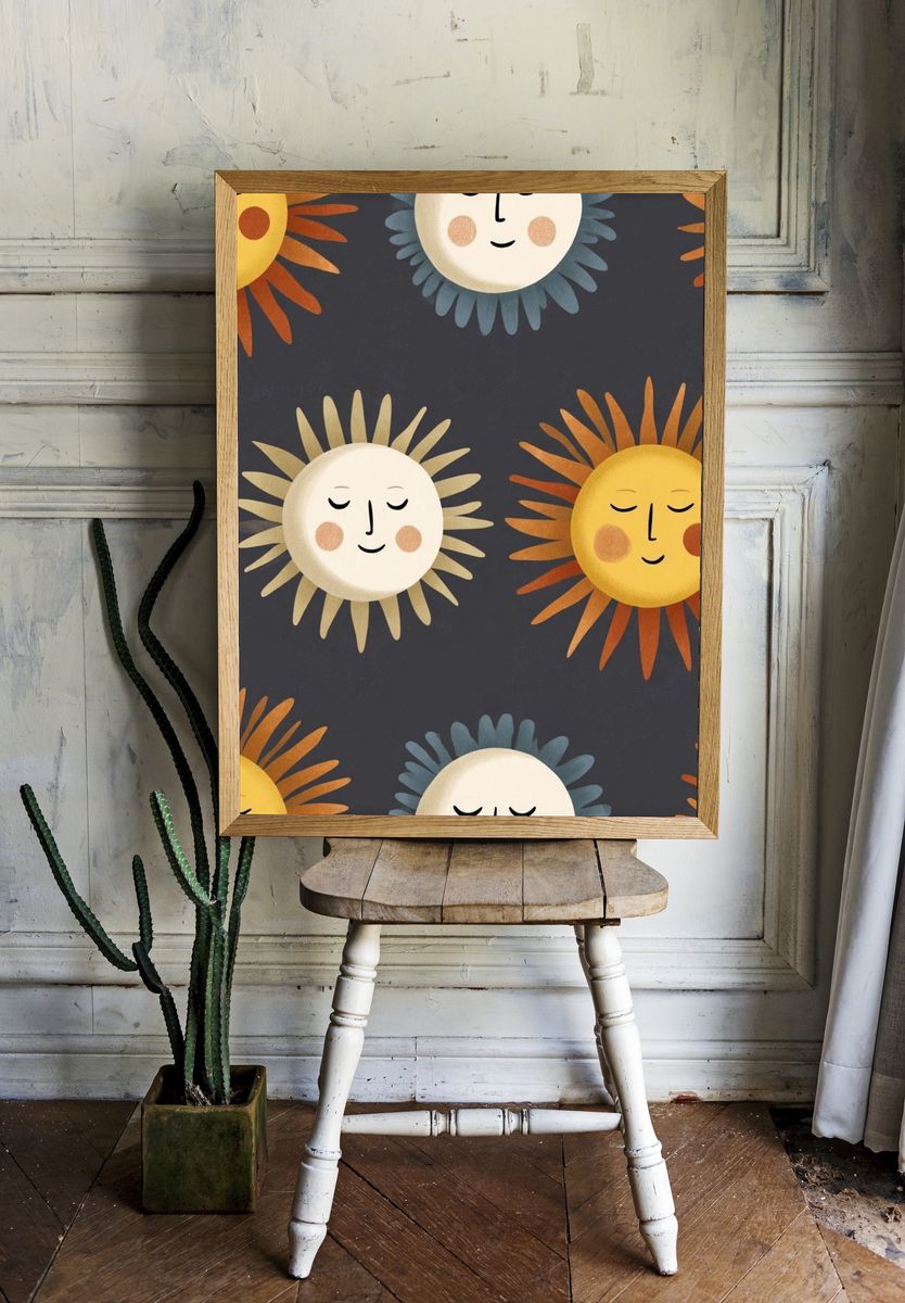 Sleepy Sun Faces Illustration Poster room preview