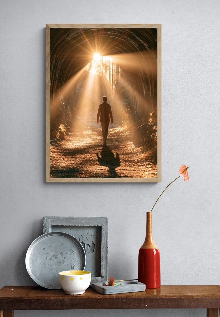 Sunlit Tunnel Silhouette Photography Poster. — room view 3