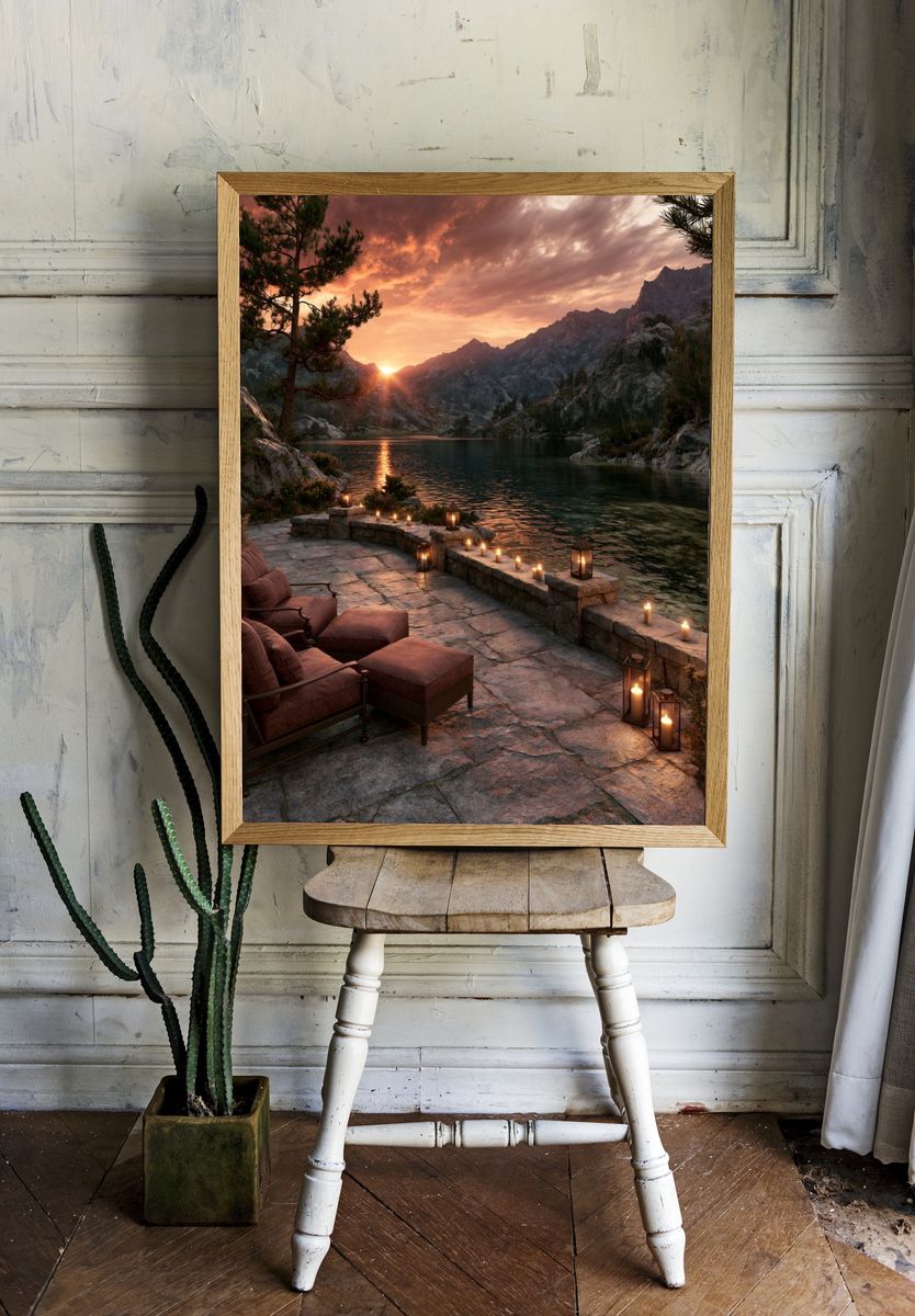 Sunset Mountain Lake Photography Poster. — room view 1
