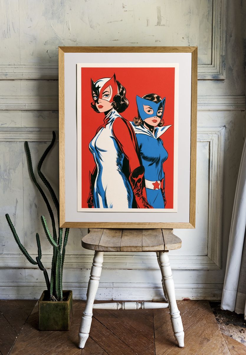 Retro Superhero Duo Pop-Art Poster. — room view 1