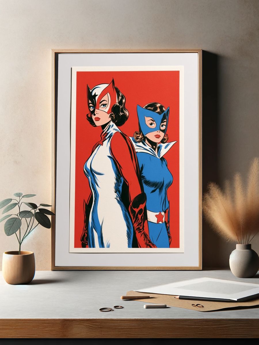Retro Superhero Duo Pop-Art Poster. — room view 2