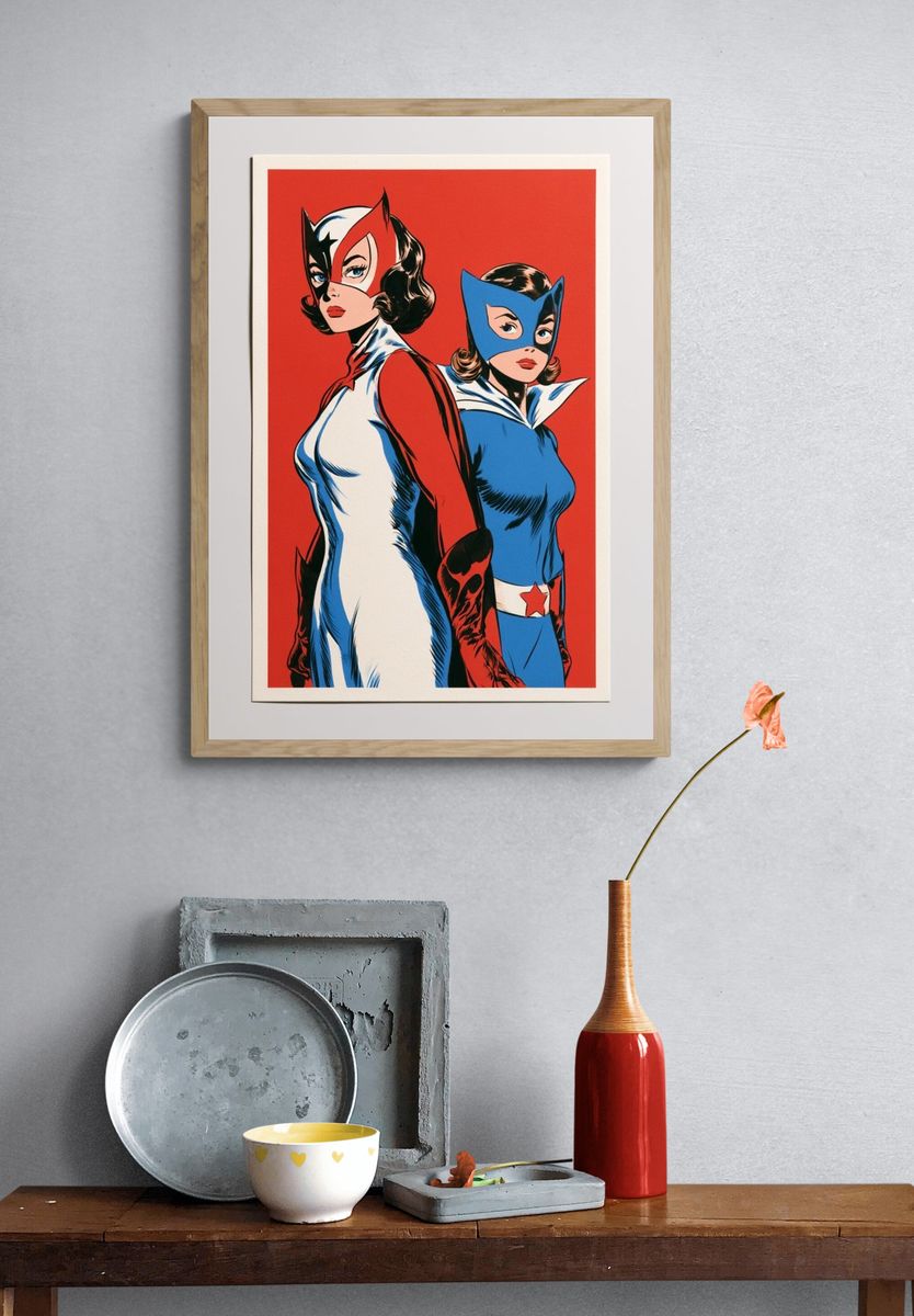 Retro Superhero Duo Pop-Art Poster. — room view 3