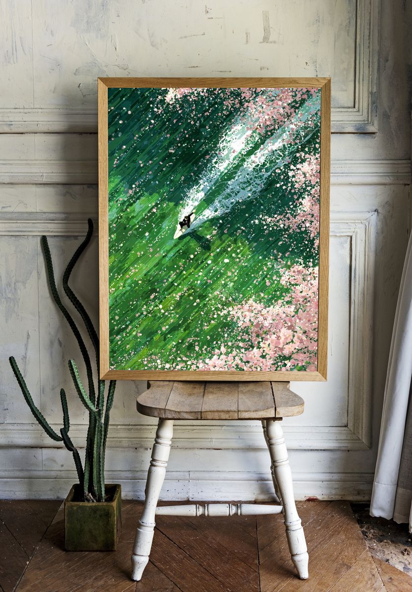 Surfer in Cherry Blossom Waves — Illustration Print. — room view 1