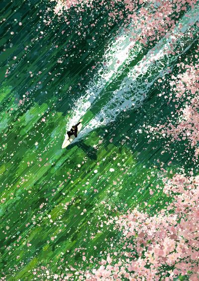 Surfer in Cherry Blossom Waves — Illustration Print. poster print