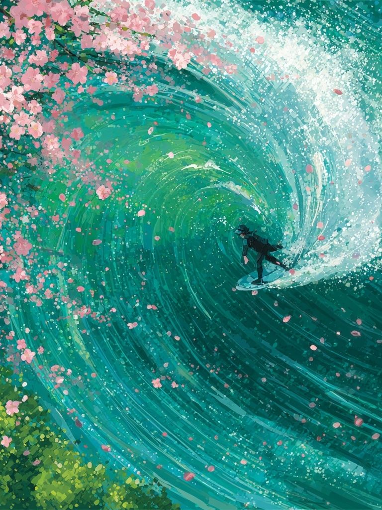Surfer in Cherry Blossom Wave — Illustration Print. poster — illustration art