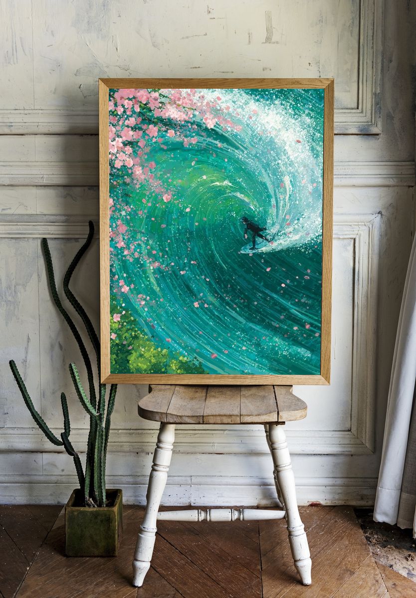 Surfer in Cherry Blossom Wave — Illustration Print room preview