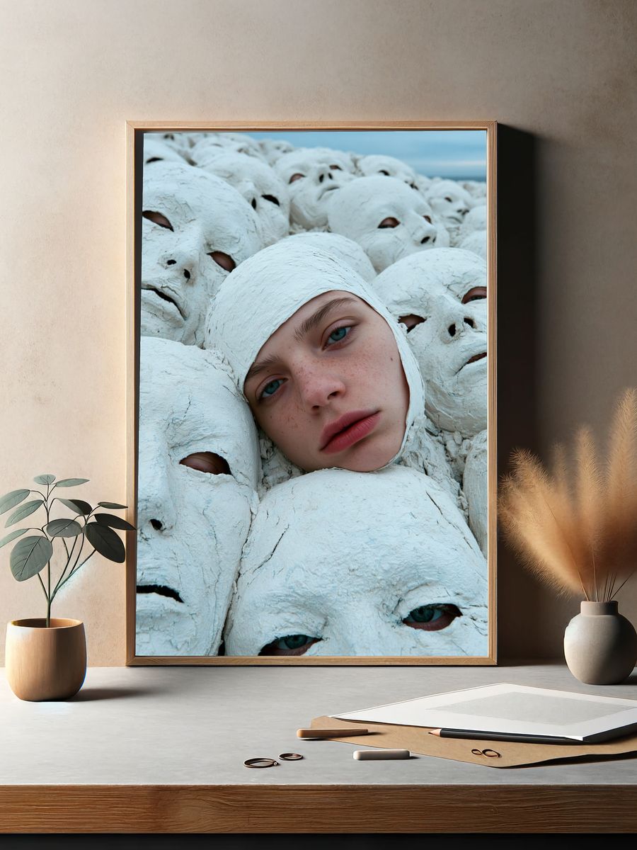 Surreal Masked Faces Photography Poster. — room view 2