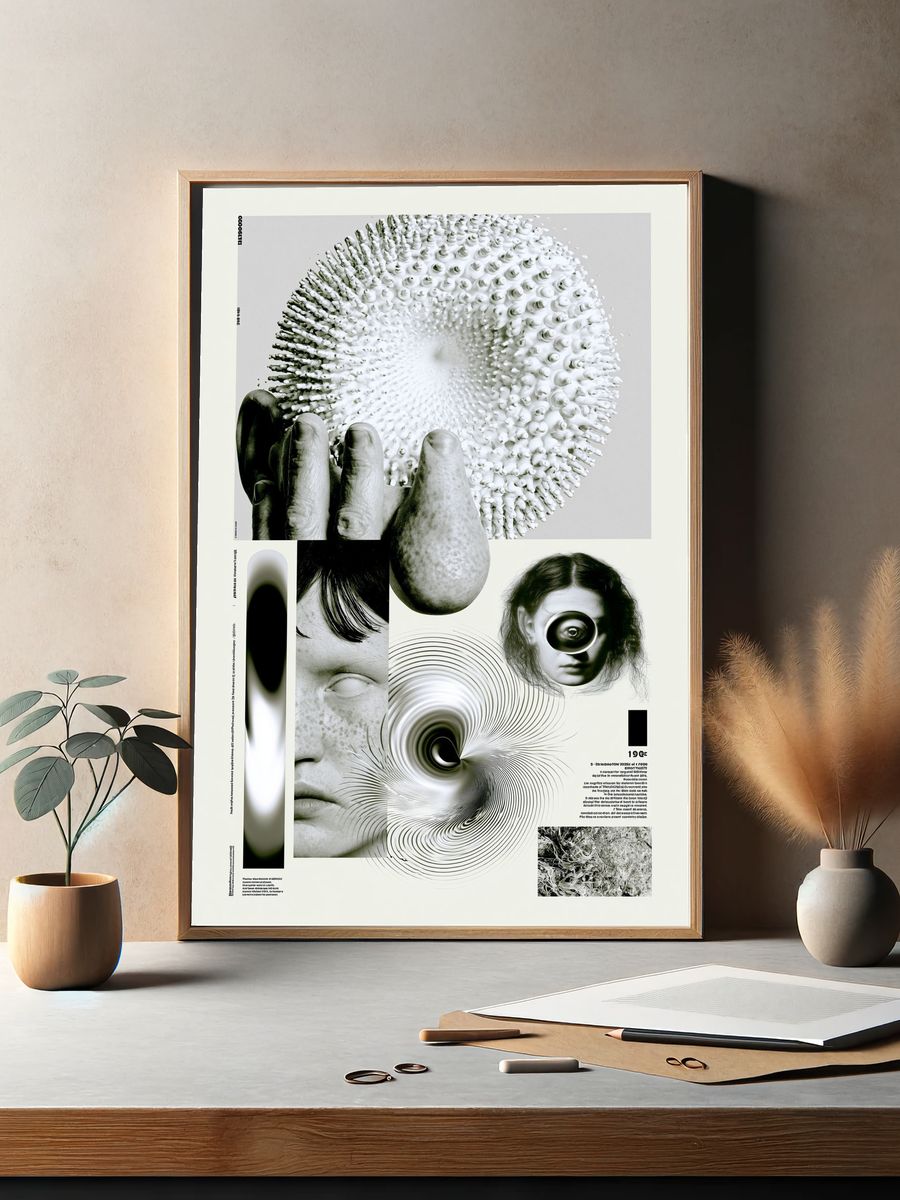 Surreal Monochrome Collage Poster. — room view 2