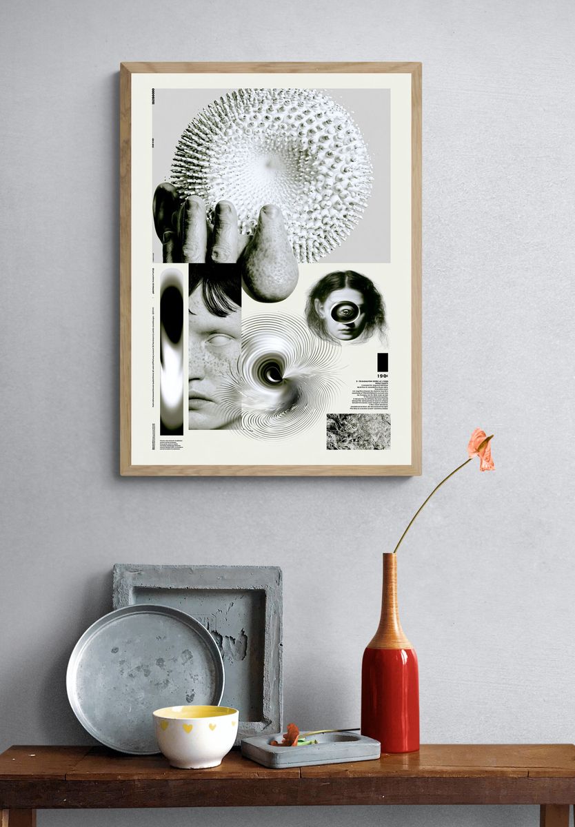 Surreal Monochrome Collage Poster. — room view 3