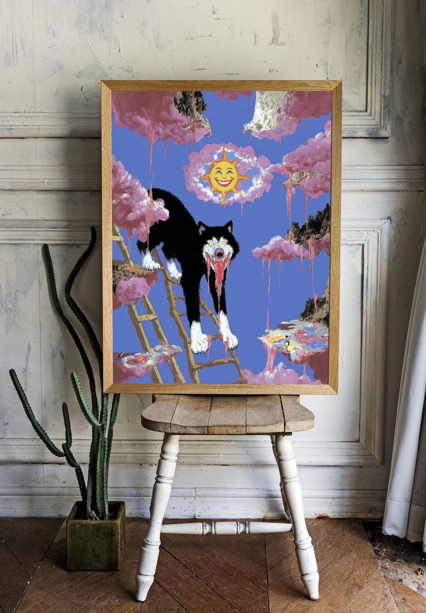 Surreal Wolf and Sun — Illustration Print. — room view 1