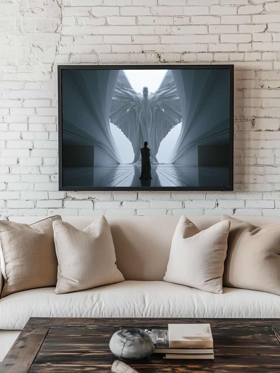Celestial Winged Figure Surrealism Print. room preview