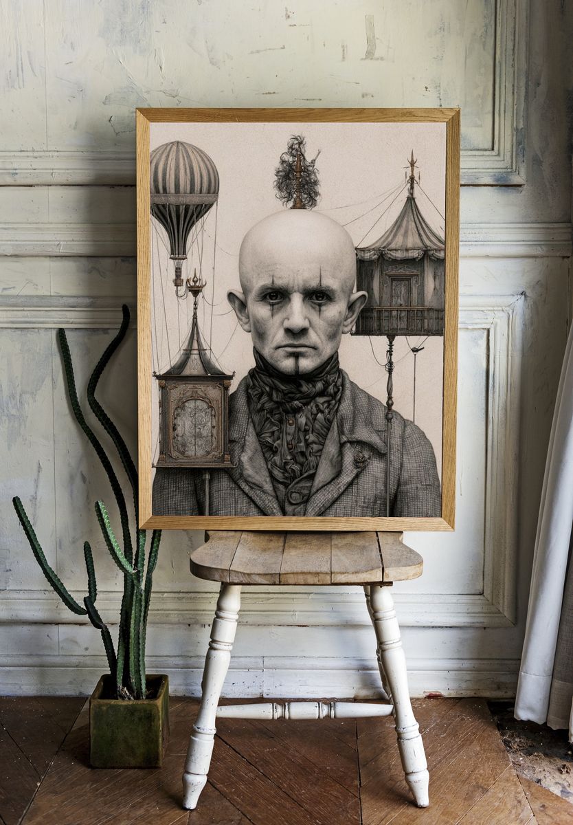 Surreal Portrait with Floating Carriages Print. — room view 1