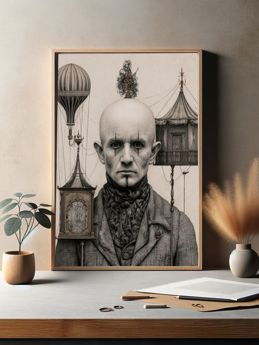 Surreal Portrait with Floating Carriages Print. — room view 2