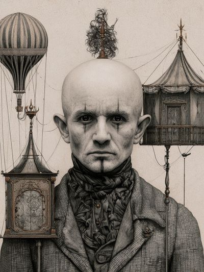 Surreal Portrait with Floating Carriages Print. poster print