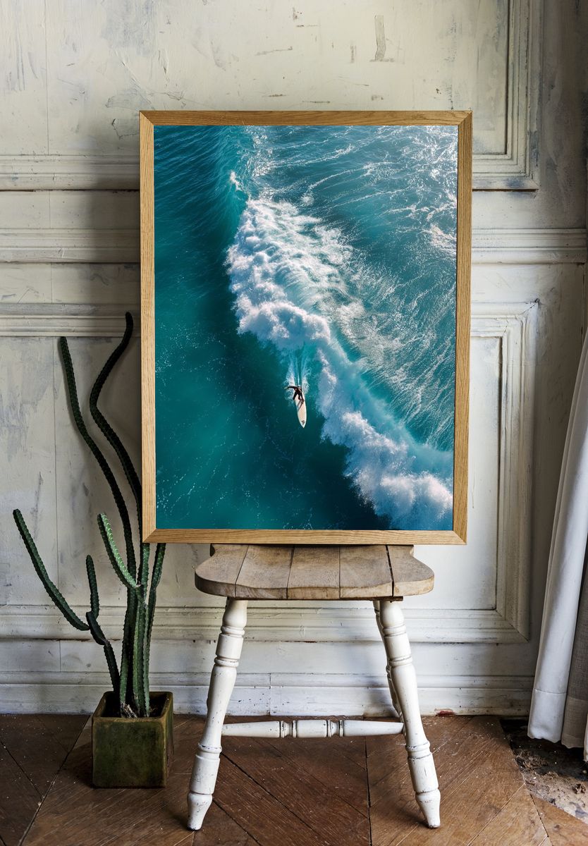Surfer on Turquoise Wave Photography Poster. — room view 1