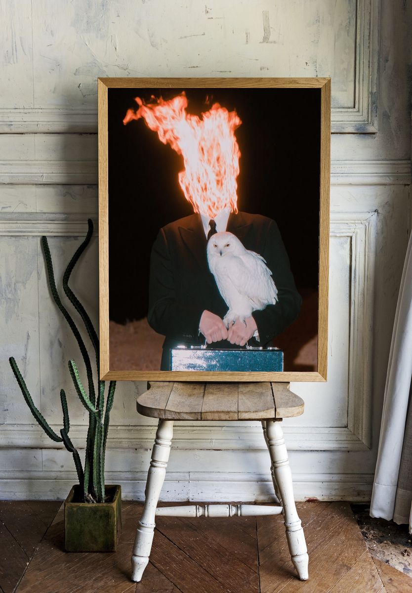 Surreal Flaming Head with Owl Print. room preview