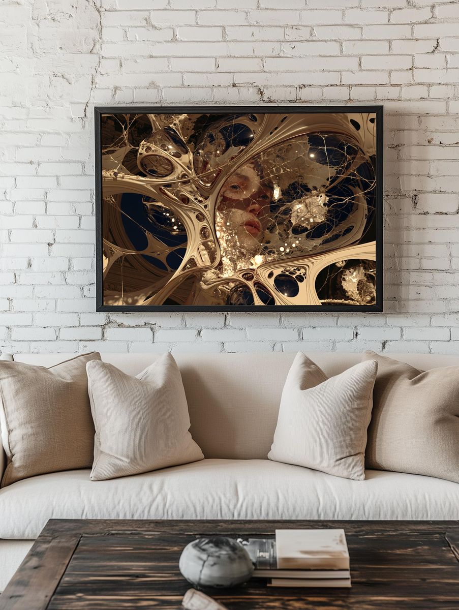 Surreal Golden Face Abstract Print. — room view 1