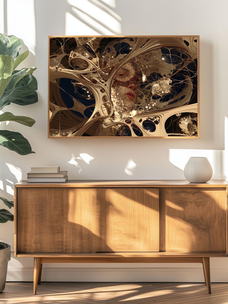 Surreal Golden Face Abstract Print. — room view 3