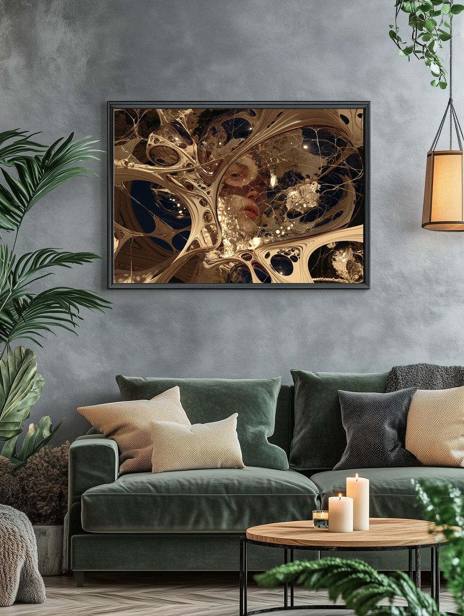 Surreal Golden Face Abstract Print. — room view 4