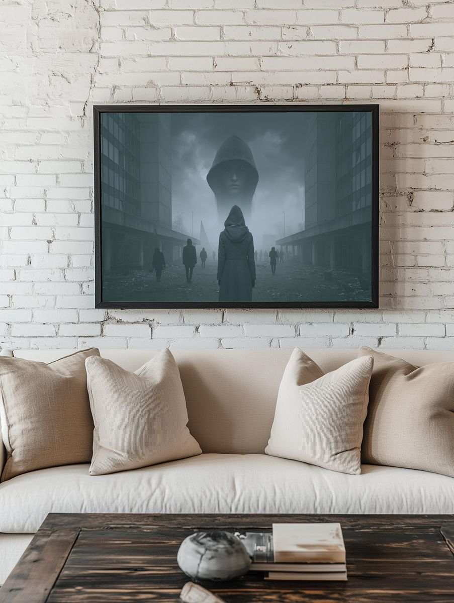 Foggy Hooded Figure Surrealism Print. — room view 1