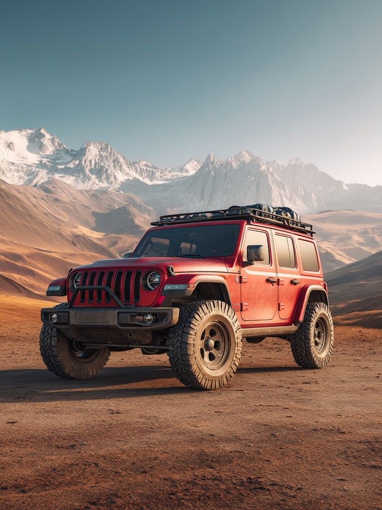 Red Off-Road SUV in Desert Landscape Poster. poster detail