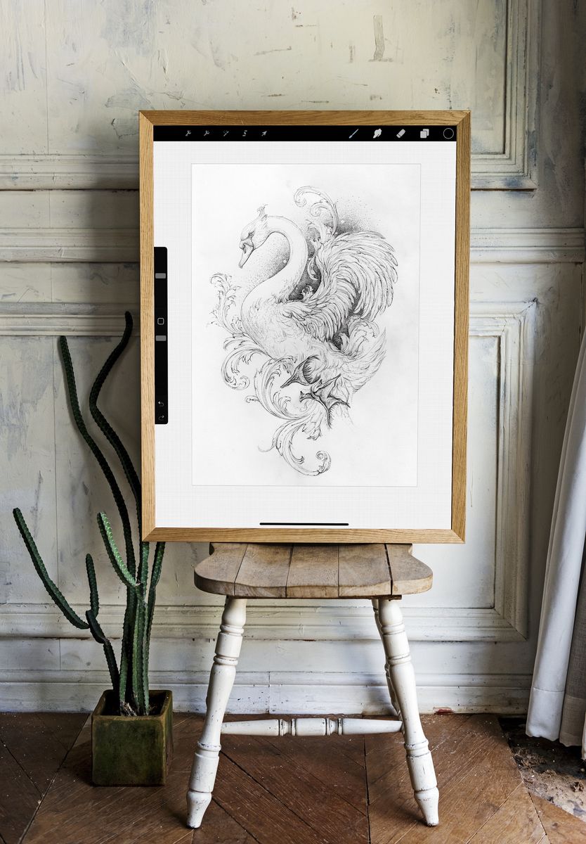 Ornate Swan Line Art Poster. room preview