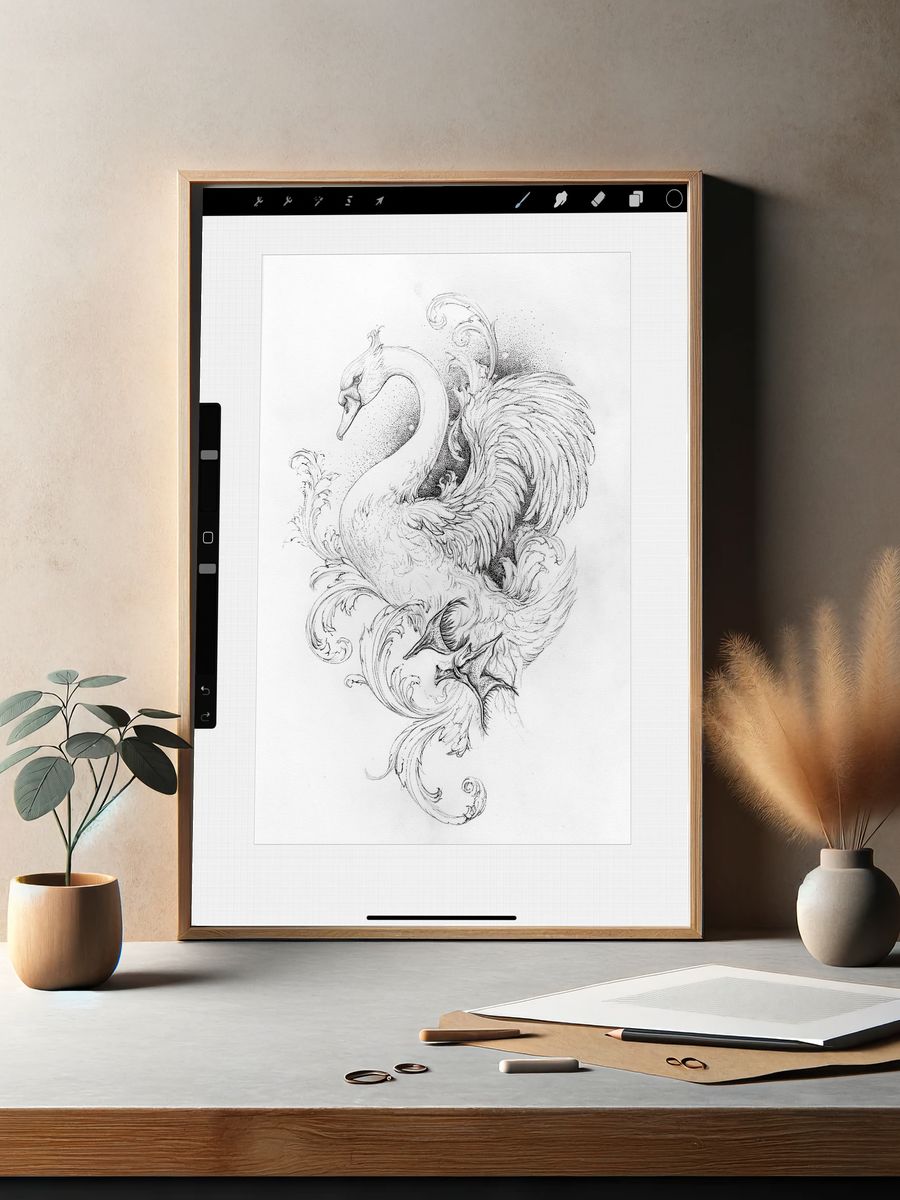 Ornate Swan Line Art Poster. — room view 2