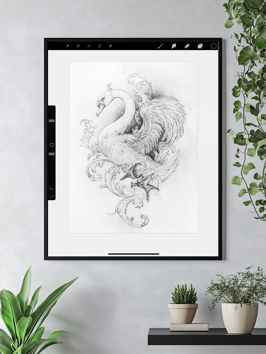 Ornate Swan Line Art Poster. — room view 4