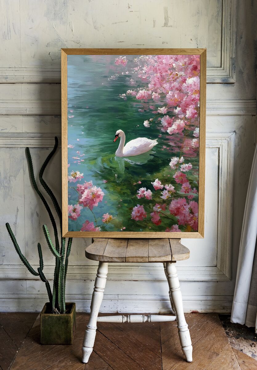 Swan Among Cherry Blossoms — Fine Art Print room preview
