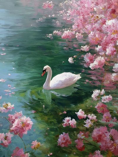 Swan Among Cherry Blossoms — Fine Art Print. poster