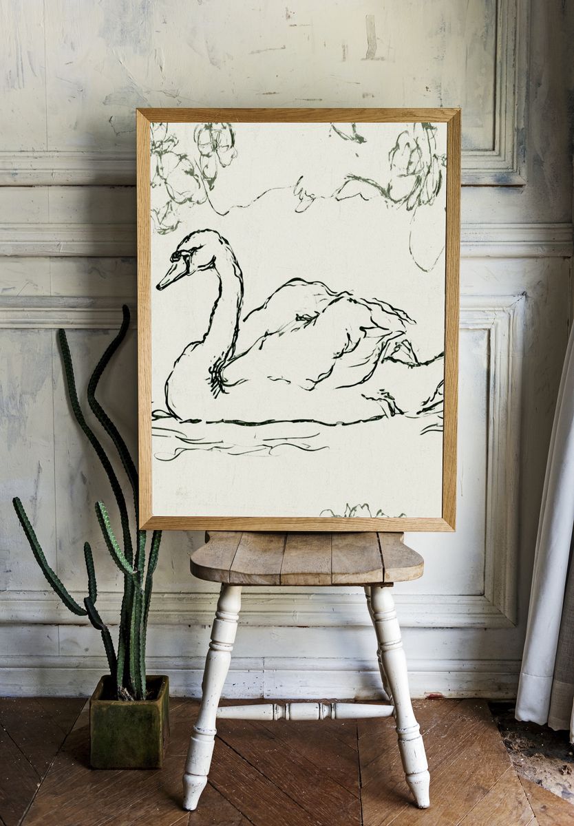 Swan Line Art Poster. — room view 1