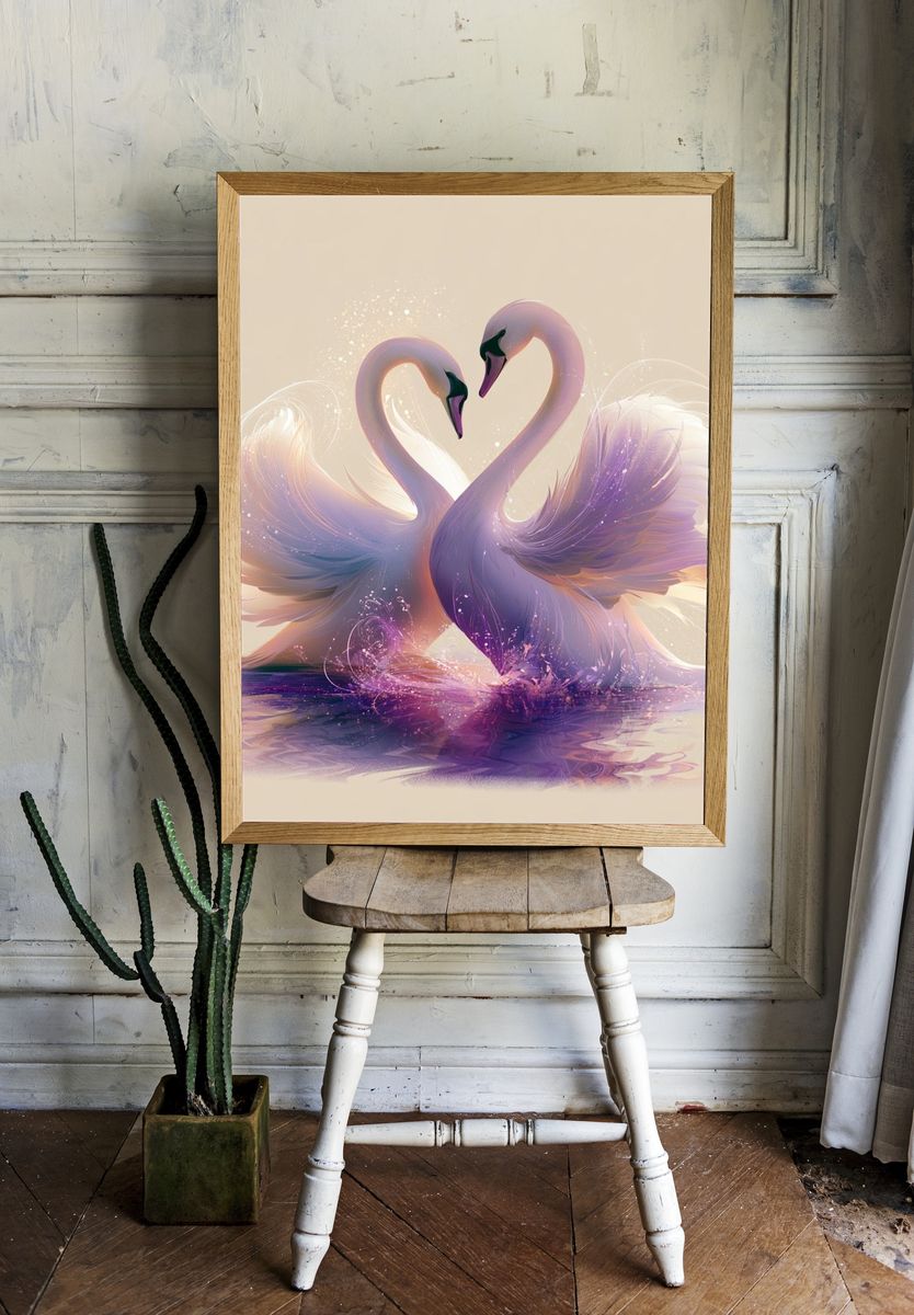 Swans in Heart Pose Illustration Poster. — room view 1