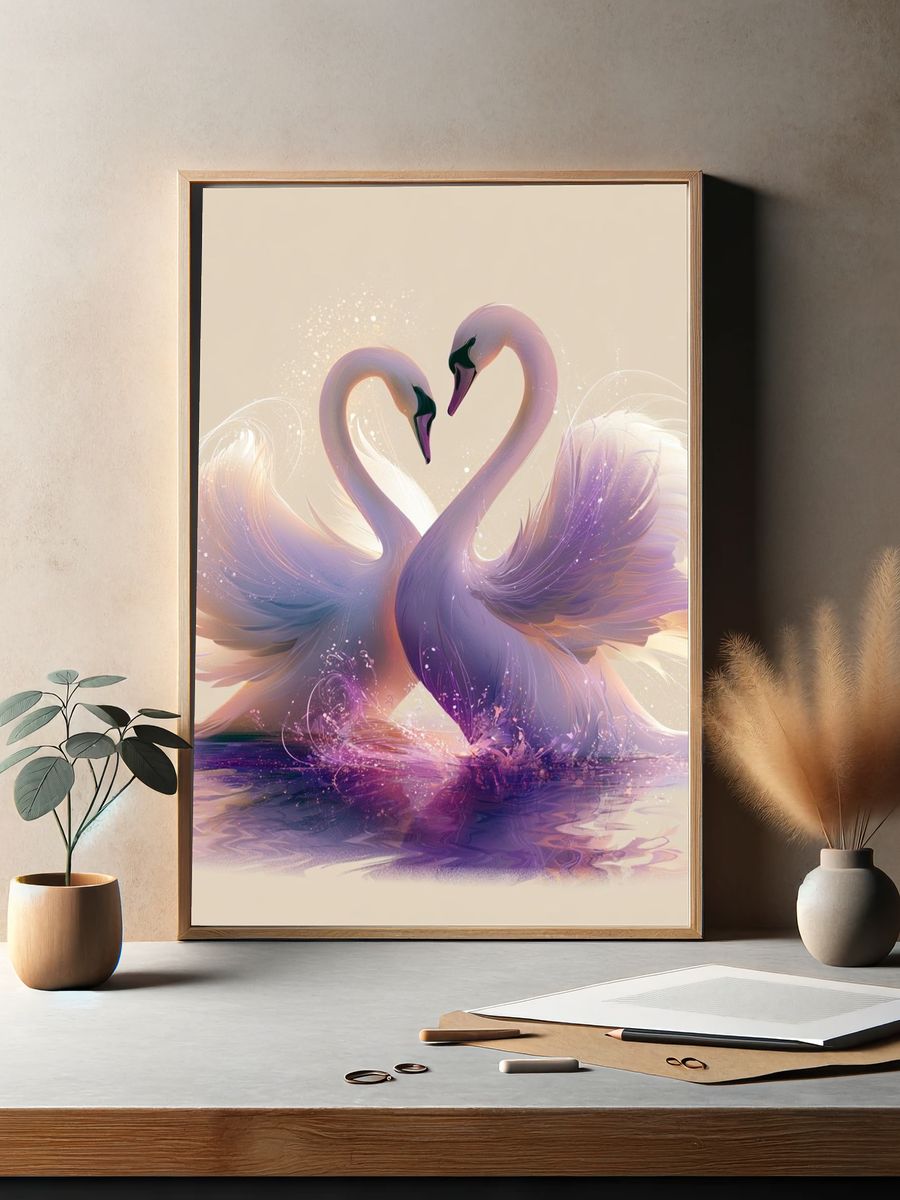Swans in Heart Pose Illustration Poster. — room view 2
