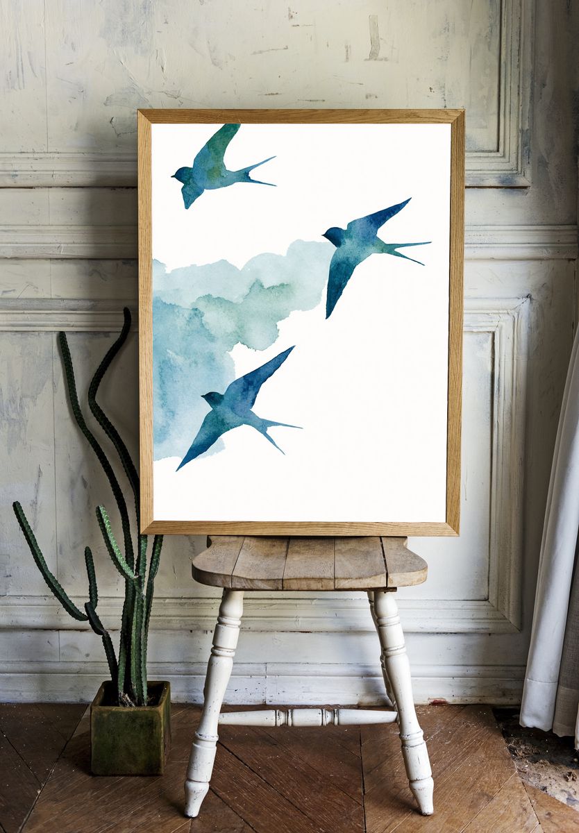 Swallow Flight Watercolor Poster. room preview