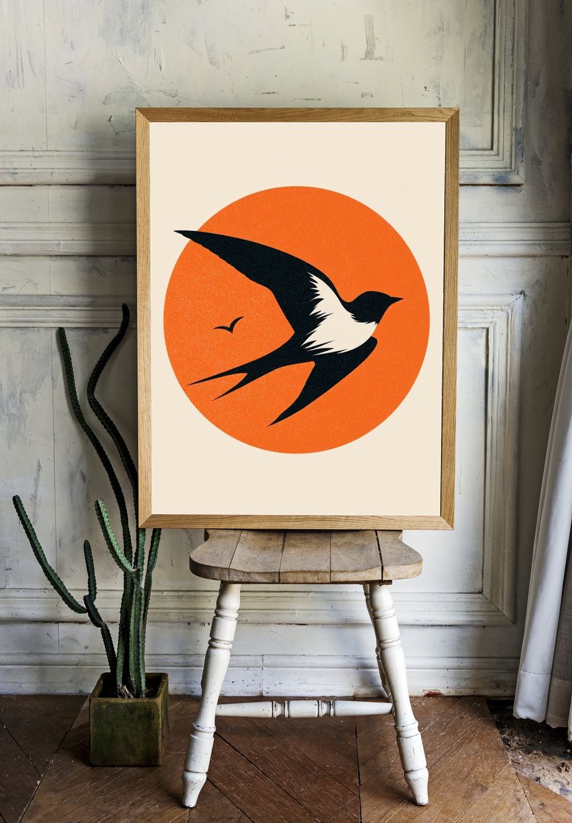 Swallow Silhouette Vintage Poster. — room view 1