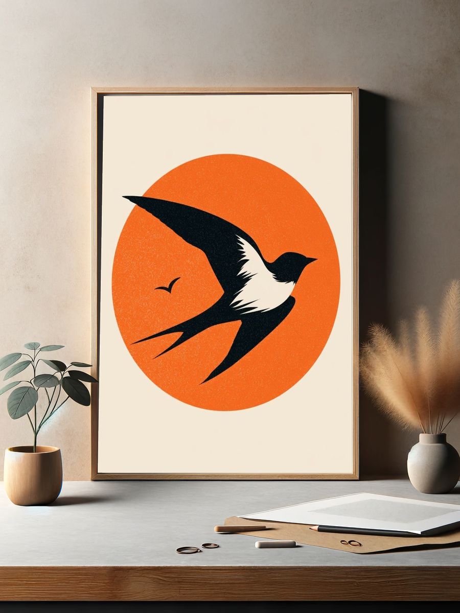 Swallow Silhouette Vintage Poster. — room view 2