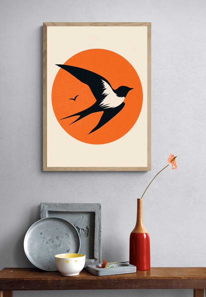 Swallow Silhouette Vintage Poster. — room view 3