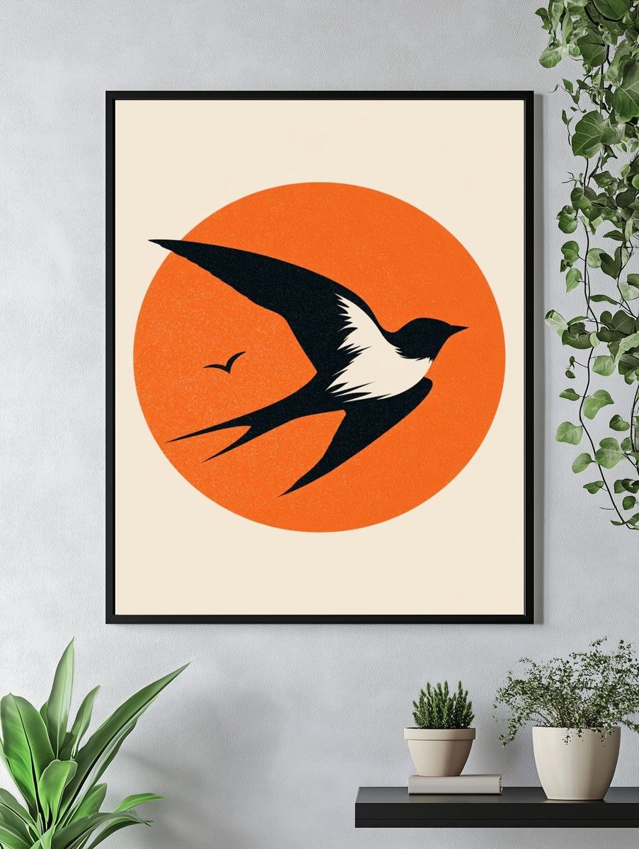 Swallow Silhouette Vintage Poster. — room view 4