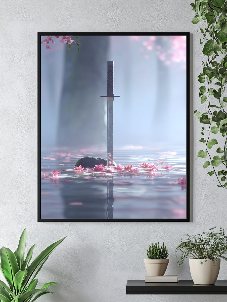 Samurai Sword in Cherry Blossom Water — Art Print. — room view 4