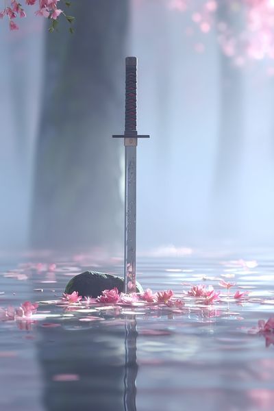 Samurai Sword in Cherry Blossom Water — Art Print. poster print