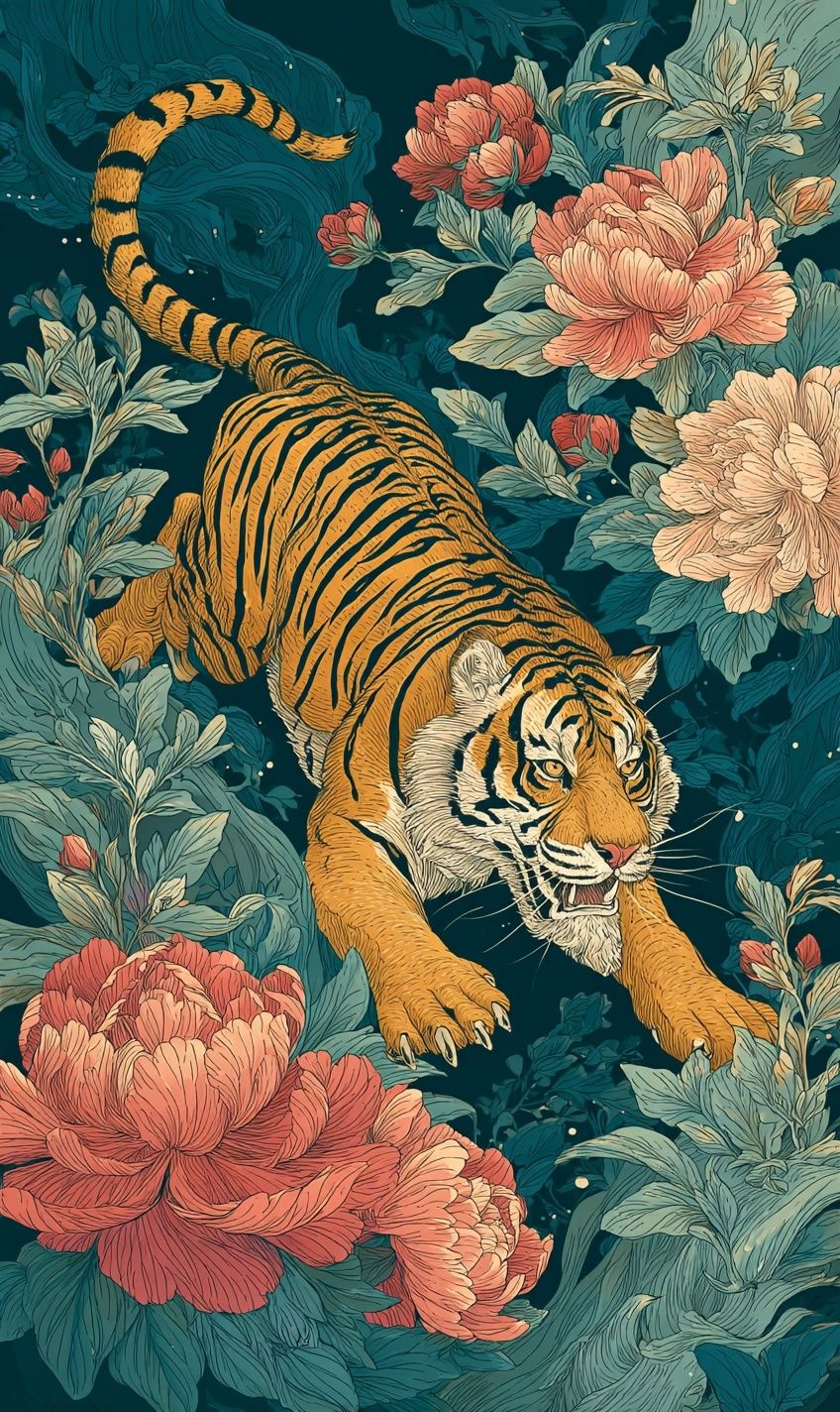 Tiger Among Blossoms — Illustration Print. poster — illustration art
