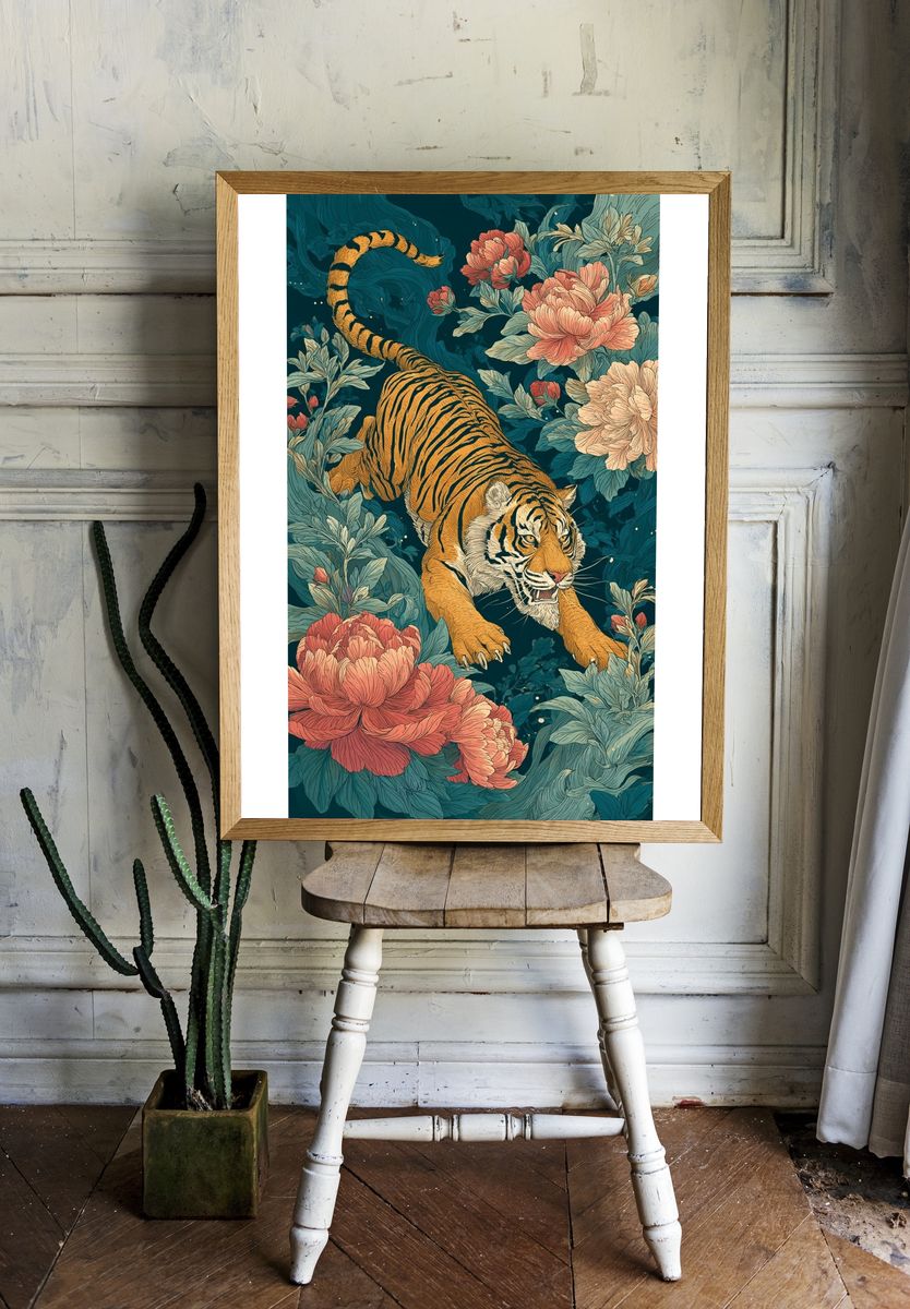 Tiger Among Blossoms — Illustration Print. room preview