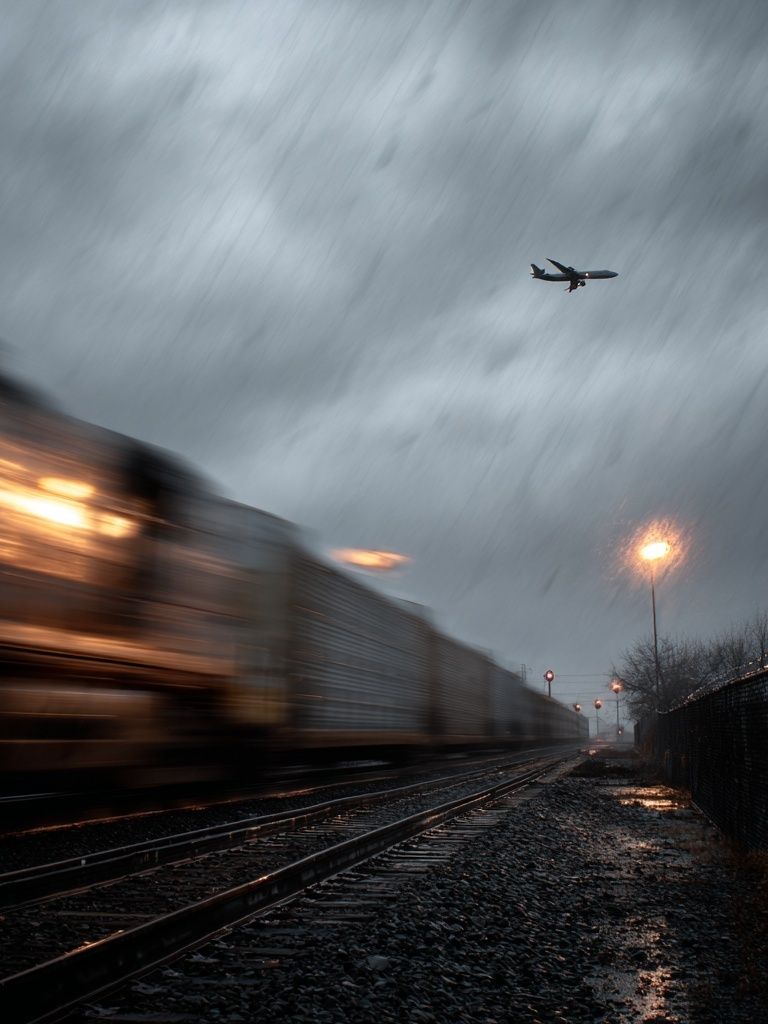 Train and Airplane in Rainy Landscape Poster. poster — photography art