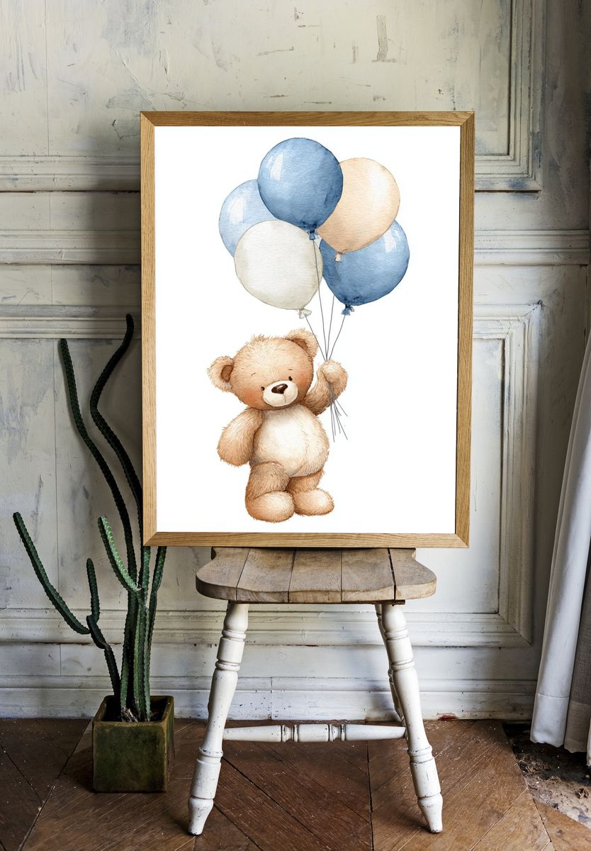 Teddy Bear with Balloons — Watercolor Print room preview