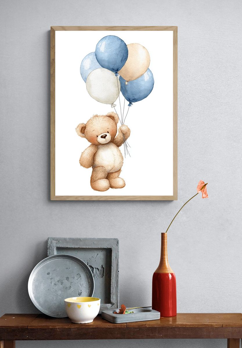 Teddy Bear with Balloons — Watercolor Print. — room view 3