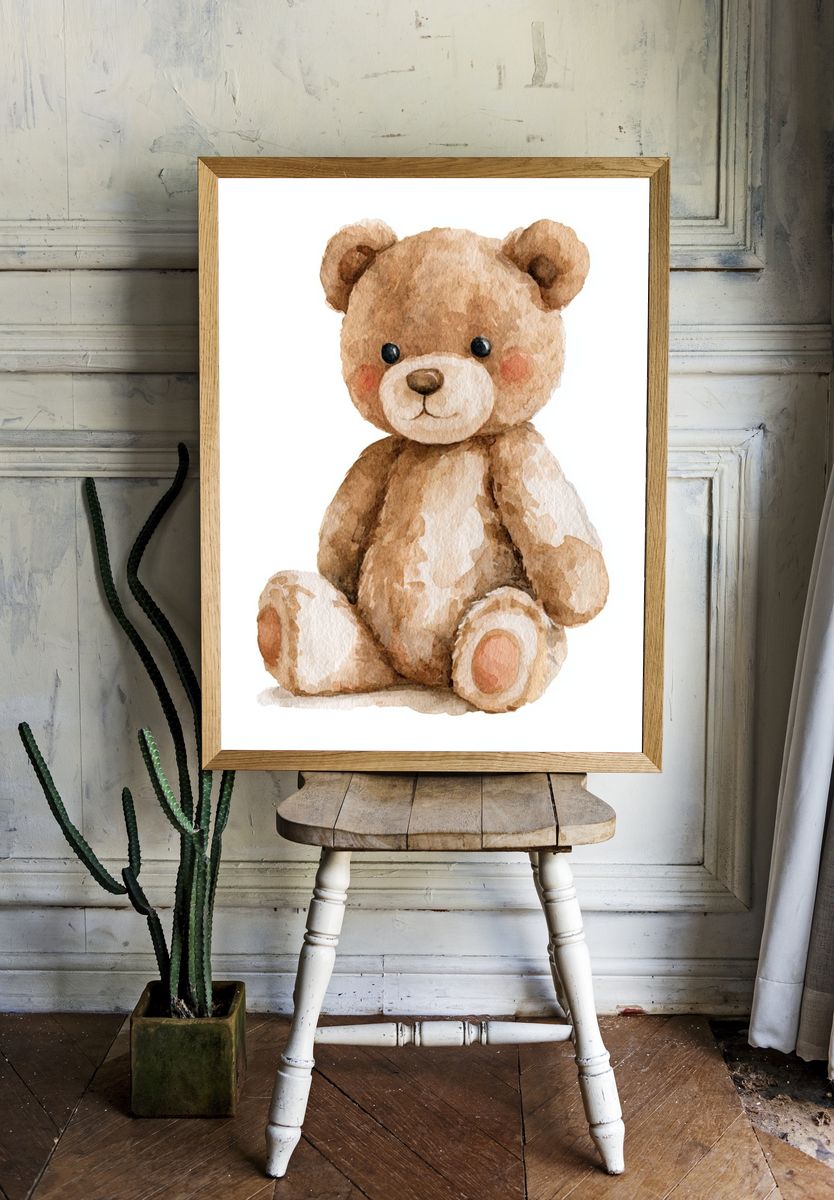 Watercolor Teddy Bear Nursery Print. room preview